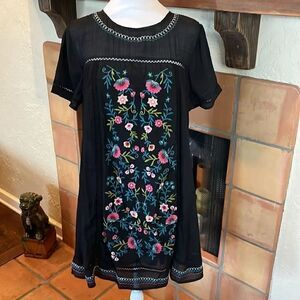 UMGEE Black Short Sleeve Boho Floral Embroidered Mini Tunic Dress, S!